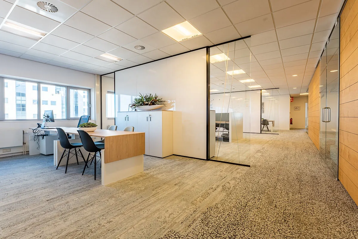 Modern kantoorinterieur in Rivium Quadrant met glazen wanden, strakke bureaus en natuurlijke accenten.